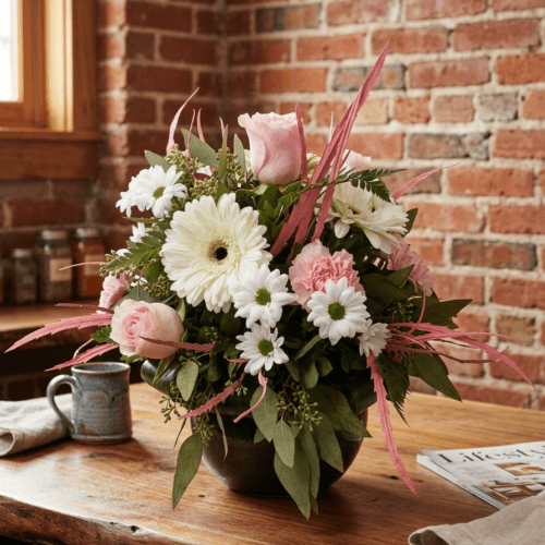 Centre de table blanc et rose doux